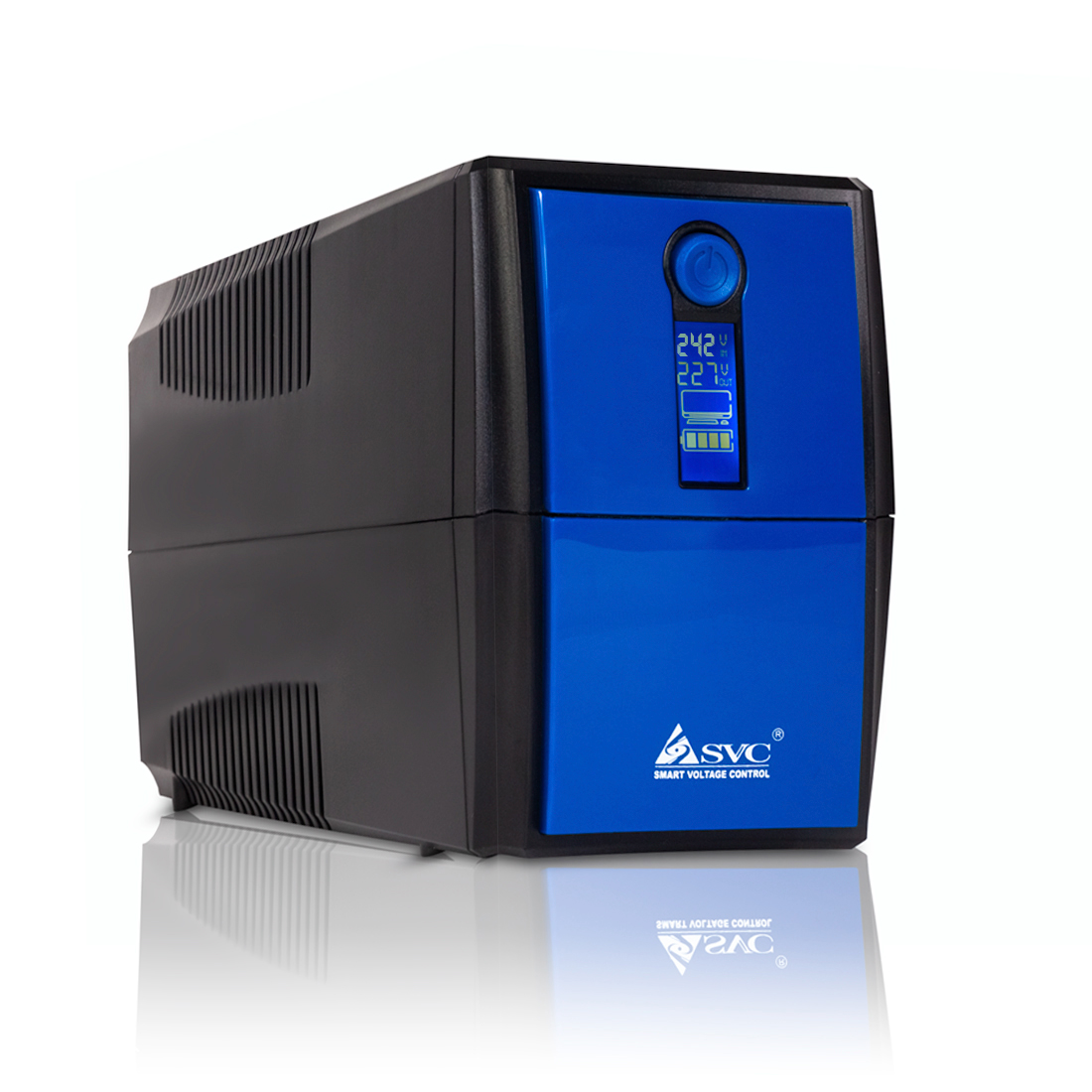 UPS, SVC, V-1000-LCD, Диапазон работы AVR: 145-290В, Бат.: 12В/9Ач., 2 вых.: Shuko CEE7, Чёрно-синий